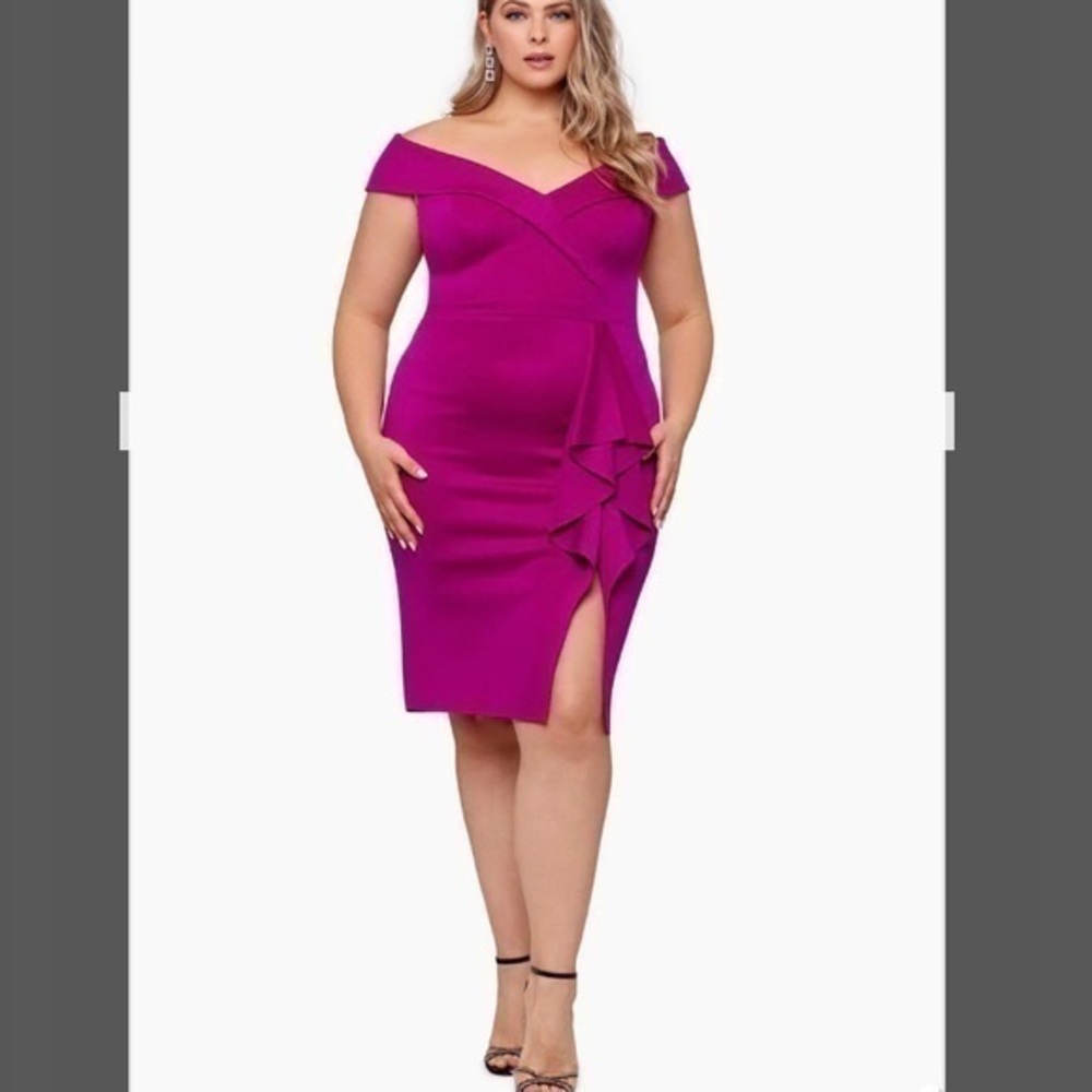 Xscape Plus Sweetheart Neck Off the Shoulder Side Draping Scuba Dress in Orchard